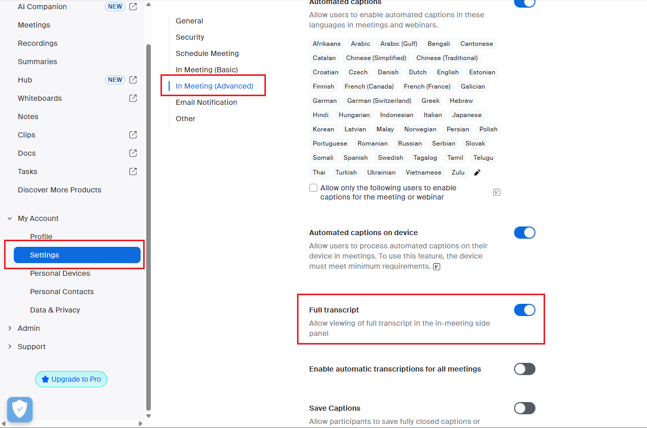 Zoom account settings - Full transcript options